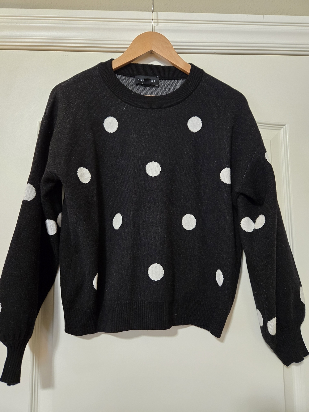 Premise Black Crewneck Sweater with White Polka Dots Cozy Warm Layering